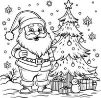 Santa Claus with Ice Man line art illustration with Christmas tree and gift box line art snowflakes illustration for coloring pages vector