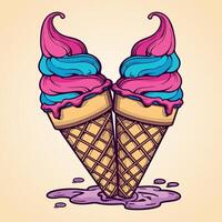 Cone Ice Cream set illustration artwork with wafer cup Icon in pink blue color whipped cream isolated on yellow colors background vector