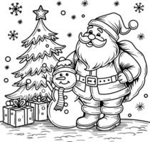 Santa Claus and Ice Man with snowflakes and Christmas tree and gift box under the tree line art illustration for coloring pages vector