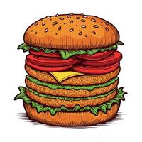 hamburger illustration with cheese tomato lettuce sausage onion Isolated white background, Flat Cartoon Style delicious Fresh burger illustration design vector