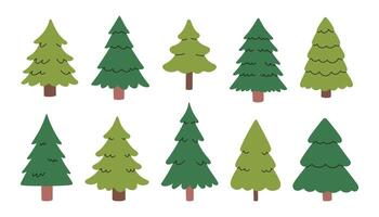 Simple Christmas tree set. Set of spruce pine fir icons on white background. Holiday flat illustration for card, sticker, wrapping paper. vector