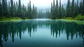 serene lake surrounded by tall cedar trees reflects misty forest. tranquil water creates peaceful atmosphere, perfect for nature lovers and photographers photo