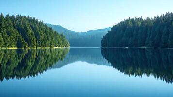 calm lake surrounded by lush cedar forest, reflecting serene landscape. tranquil waters and vibrant greenery create peaceful atmosphere photo
