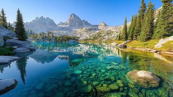 serene mountain lake surrounded by cedar trees and rocky peaks, reflecting clear blue sky and vibrant greenery. tranquil waters reveal colorful stones beneath surface photo