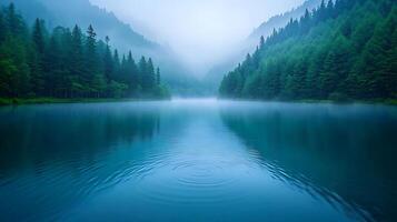 serene lake surrounded by misty mountains and lush green forests creates tranquil atmosphere. calm water reflects beauty of nature, inviting peace and relaxation photo