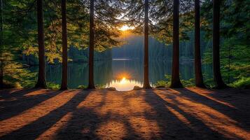 serene lake surrounded by towering cedar trees at sunset, casting long shadows on sandy shore, creating peaceful atmosphere photo