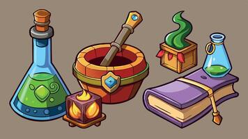 Alchemy magical cauldron with potion. Cartoon wizard fairy tale magic bottle. Old fantasy elixir vector