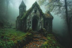 Mossy chapel emerging from fog in mystical forest photo