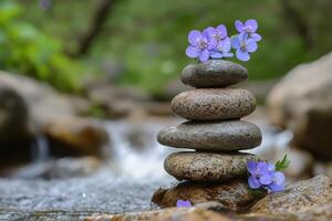 Balancing stones and purple flowers creating harmony near a flowing stream photo