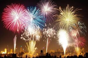 Colorful fireworks exploding over the city skyline at night photo