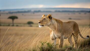lion standing on the grassy field in the middle of the jungle. photo