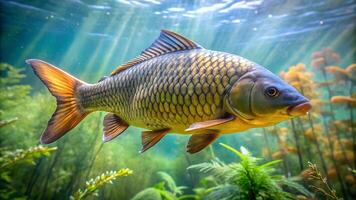Carp fish realistic image under the water close up view. . photo