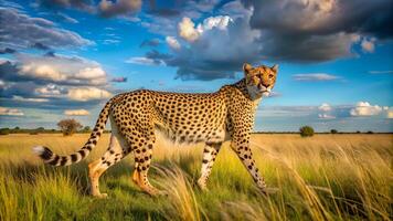 Cheetah slowly approaching in golden grass and looking for hunting. photo
