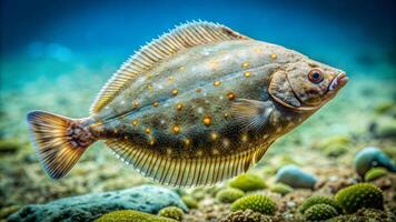 Flounder fish realistic image under the water close up view. . photo