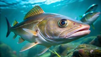 Haddock fish realistic image under the water close up view. . photo