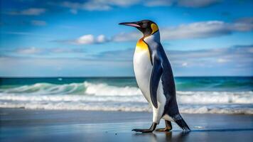 king penguin walking beside the ocean beach. . photo