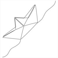 Continuous single line art drawing of paper boat sailing on the water river vector