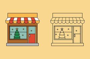 Charming Christmas Shop Window with Tree Design for Holiday Coloring Fun vector