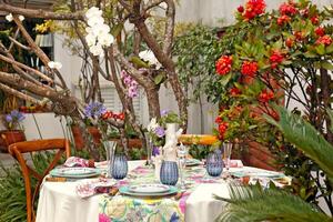 sophisticated and colorful table setting for lunch in the garden photo