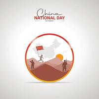 1 October. China Happy National Day greeting card. Waving chinese flags isolated on red background. vector