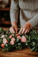 Florist creating a beautiful floral arrangement with pink roses photo