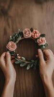 Crafting a floral wreath with delicate roses and greenery photo