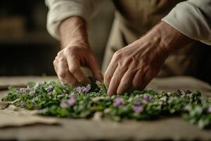 Expert hands arranging fresh herbs and flowers on a rustic table photo