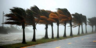 Strong winds bend trees along a coastal road during an intense hurricane photo