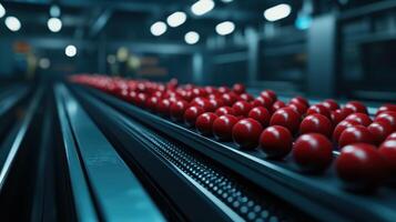 Red balls rolling on a conveyor belt in a modern factory at night photo