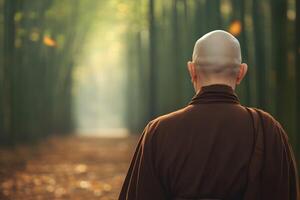 A monk walks through a tranquil bamboo forest during autumn photo