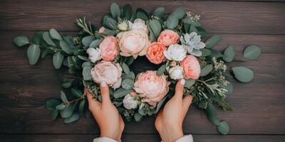 Creating a floral wreath with pink and white blooms on wooden table photo