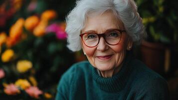Cheerful older woman smiles in a vibrant floral setting photo