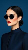 Stylish model showcasing modern sunglasses with bold makeup look photo