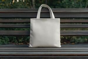 A simple white tote bag rests on a wooden bench in a park photo