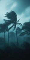 Wild hurricane winds bend palm trees in a stormy coastal landscape photo