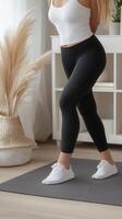 A woman stretches on a yoga mat in a calm living room setting photo