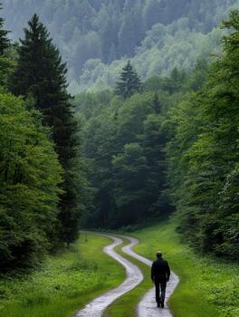 A person walking along a winding path through a lush green forest photo