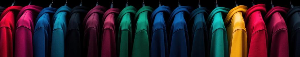 A collection of colorful shirts hanging on black hangers in a store photo