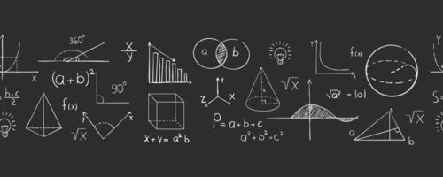 Math doodle hand drawn border, with formula, geometric shapes, chalk texture. School science lesson on blackboard background. Study seamless illustration. vector