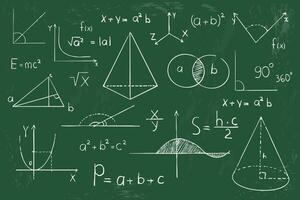 Math geometry graph and shapes on blackboard background. Set science doodle hand drawn sketch elements. Study theory formula, calculations. vector