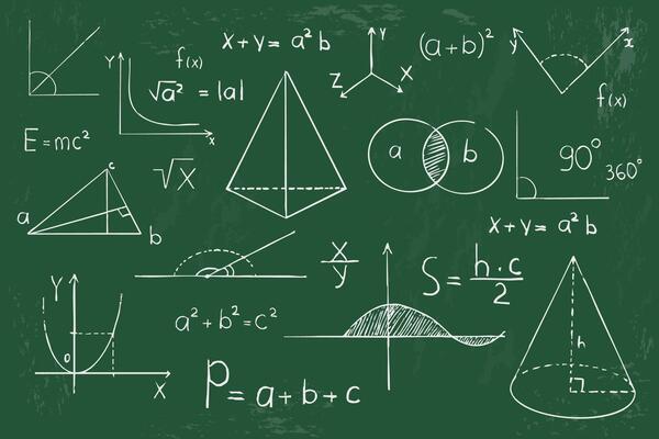 Math geometry graph and shapes on blackboard background. Set science doodle hand drawn sketch elements. Study theory formula, calculations.