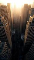 Sunset over towering skyscrapers in a bustling urban landscape photo