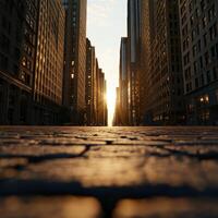Sunset illuminating a city street lined with towering buildings photo