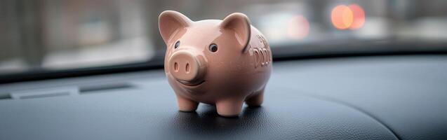 Cute pink piggy bank placed on car dashboard during a road trip photo