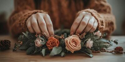 Crafting a floral wreath indoors during autumn photo