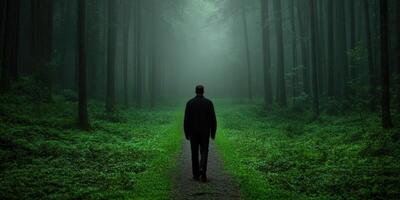 A solitary figure walking through a misty green forest trail at dawn photo