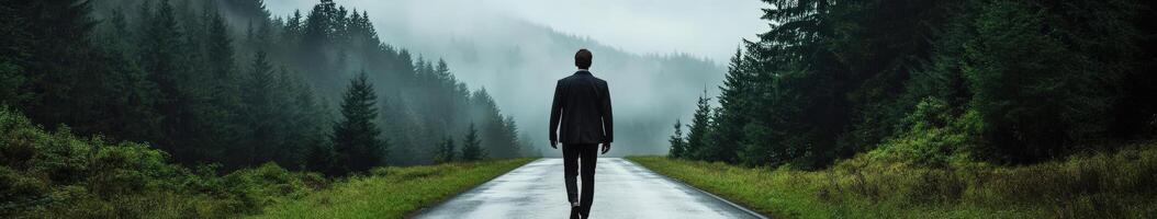 A man walks alone on a wet road through a misty forest at dawn photo