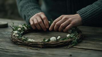 Creating a natural wreath with hands on rustic wooden table photo