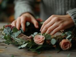 Crafting a floral wreath with natural elements indoors photo