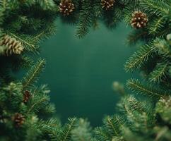 Beautiful fir tree branches with pine cones framing a serene green backdrop photo